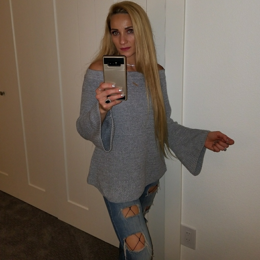 LAST 2"FIONA" GRAY OFF SHOULDER SWEATER - Picture 2 of 4